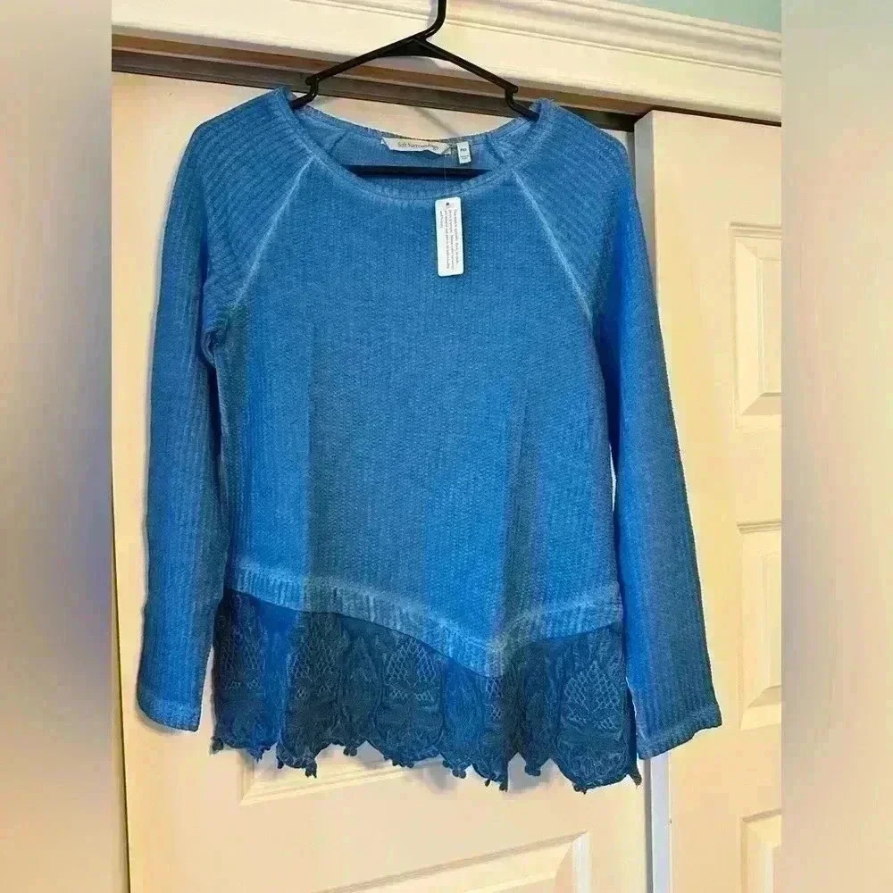 Soft Surroundings Shirt Womens Petite XS Blue Ribbed Lace Asymmetrical Hem 30620